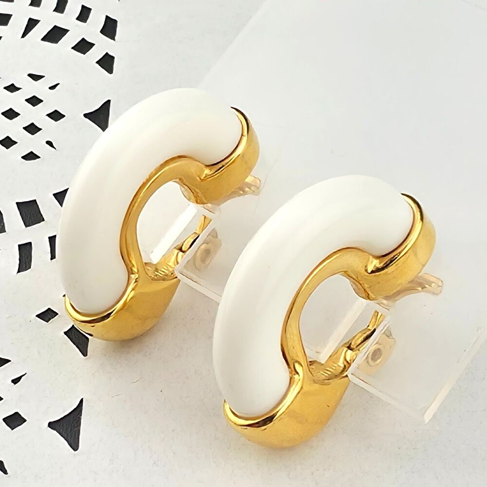 Vintage Monet White Lucite Gold Plated Hoop Clip-on Earrings